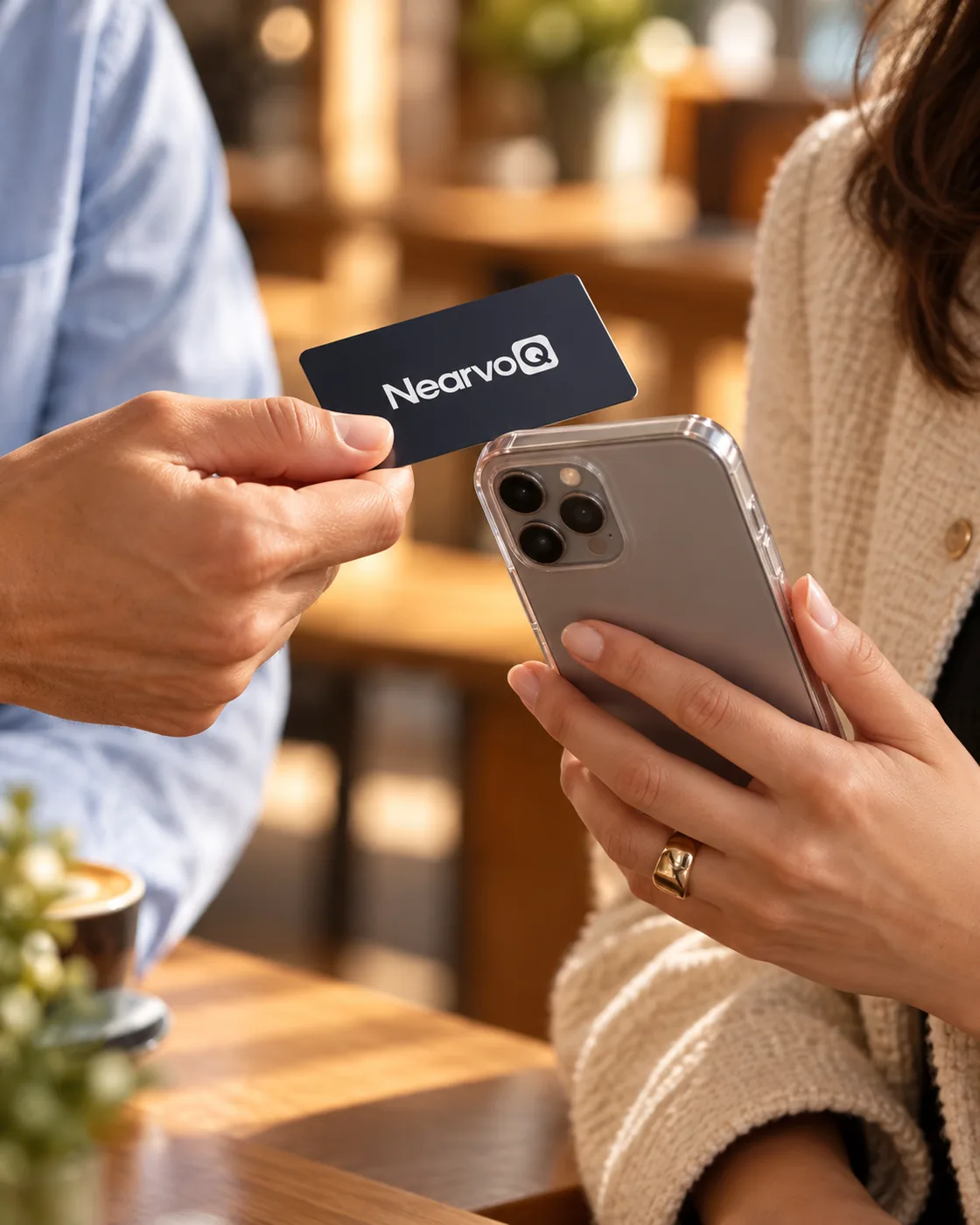 Product illustration of a NearvoQ card held near the top of a phone for an NFC tap.