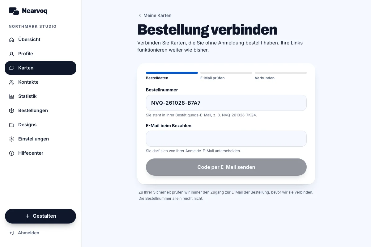 NearvoQ Verbinde eine Bestellung mit derselben E-Mail. Bildschirm mit Beispieldaten