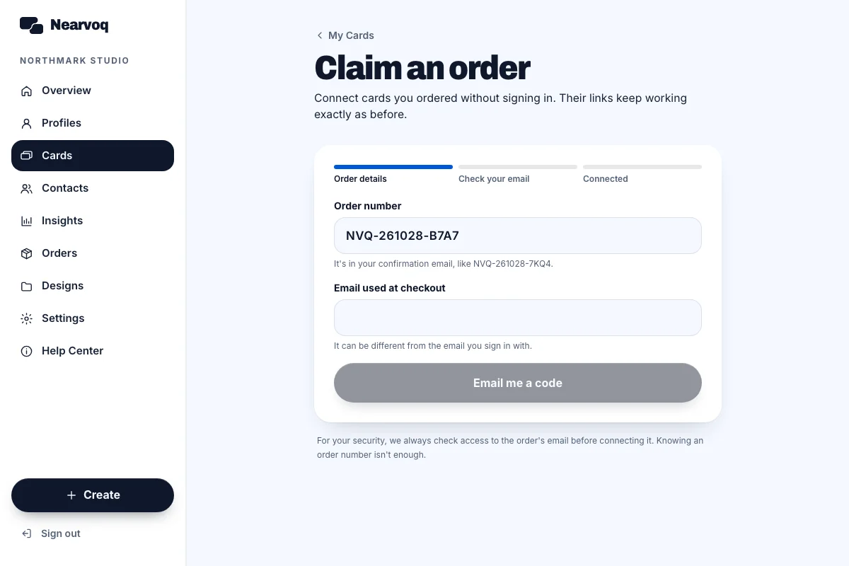 NearvoQ Connect an order using the same email screen with example data
