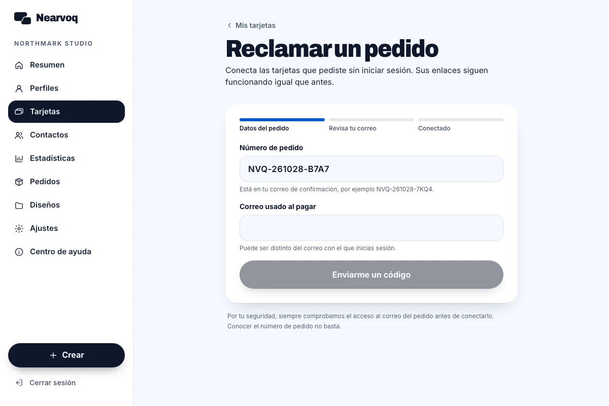 Pantalla NearvoQ Conectar un pedido usando el mismo correo electrónico con datos de ejemplo