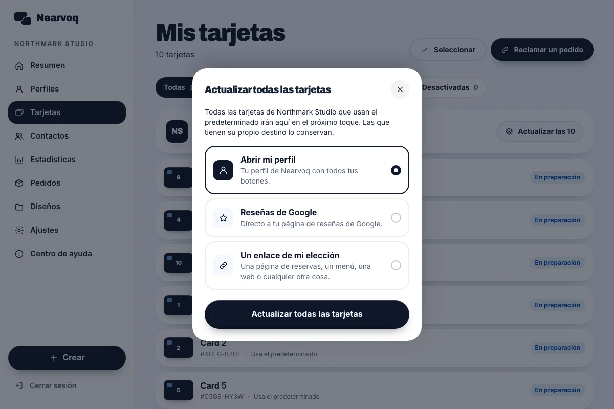 Pantalla NearvoQ Actualiza todas las tarjetas que siguen a un perfil. con datos de ejemplo