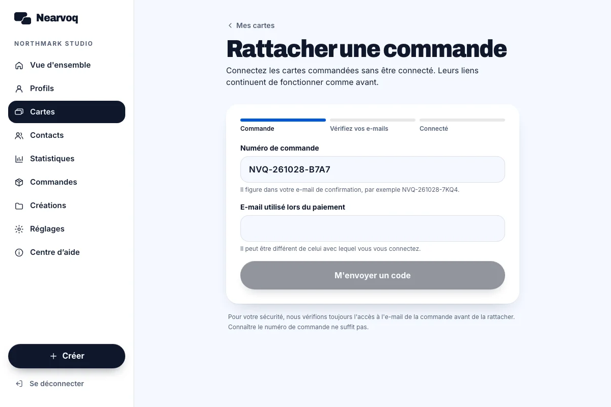 Écran NearvoQ Connectez une commande avec le même email. avec exemples de données