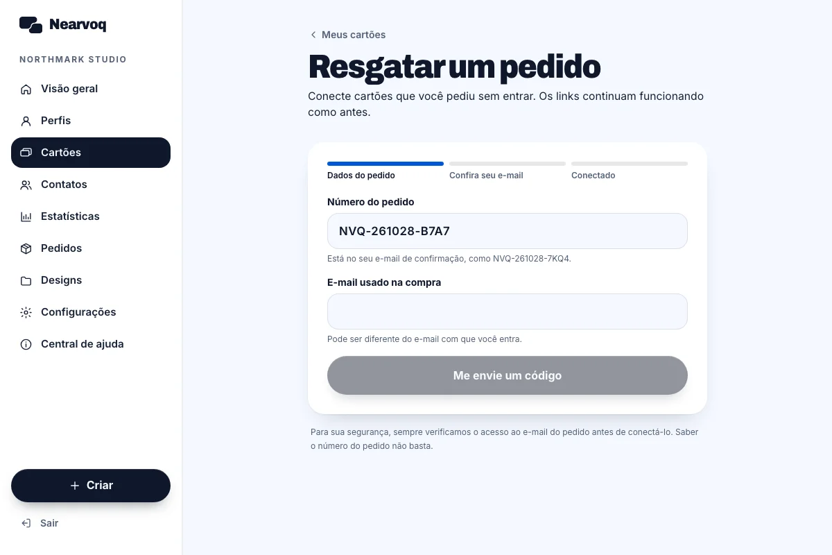 Tela NearvoQ Conecte um pedido usando o mesmo e-mail com dados de exemplo
