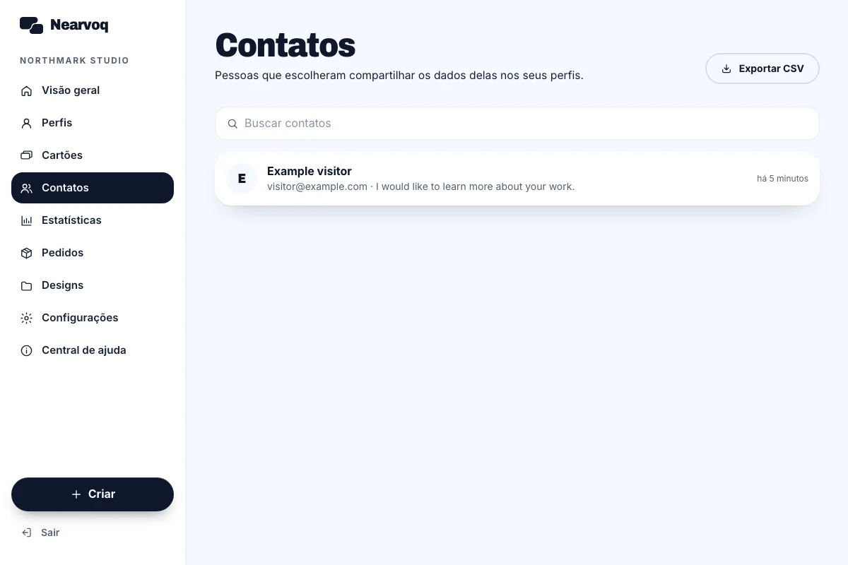 Tela NearvoQ Exporte contatos como CSV com dados de exemplo